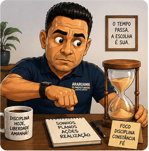 Caricatura esperando a aposentadoria, olhando o relógio ao lado de uma ampulheta